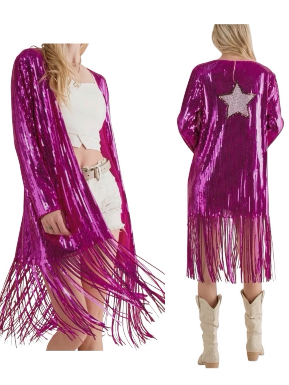 NEW blue b Fuchsia Pink White Star Allover Sequin Fringe Flyaway Cardigan Jacket